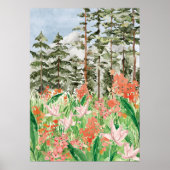 Waterverf roze koraal bloemenweide op de berg poster (Voorkant)