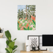 Waterverf roze koraal bloemenweide op de berg poster (Thuiskantoor)