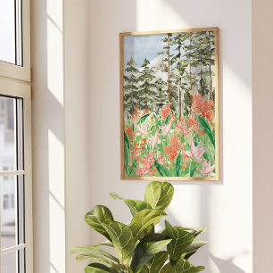 Waterverf Roze Koraal Bloemrijke Weide Op Berg Poster