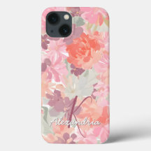 Waterverf Roze koraal Floral Patroonmonogram