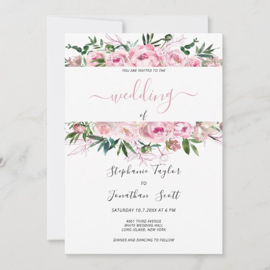 Waterverf roze koraal pioen bloemenbruiloft kaart (Voorkant)