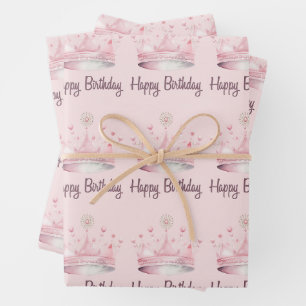 Waterverf Roze Kroon Happy Birthday Inpakpapier Vel