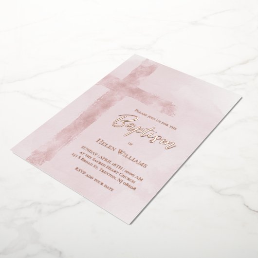 waterverf roze kruis Doop Folie Uitnodiging (Gedraaid)