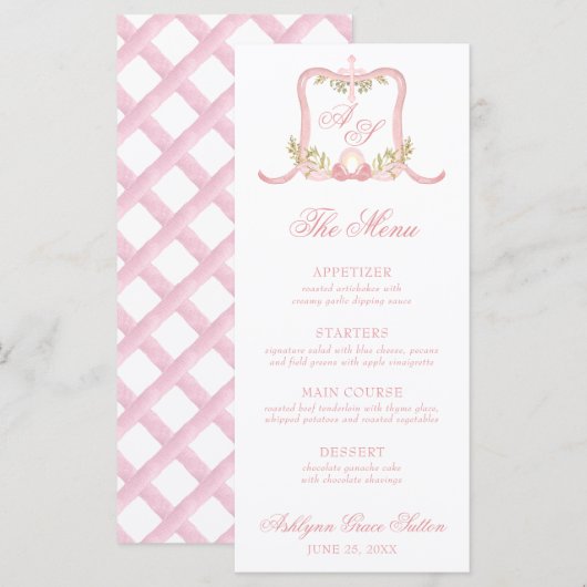 Waterverf Roze Kruis Monogram Crest doopsel Menu (Voorkant / Achterkant)