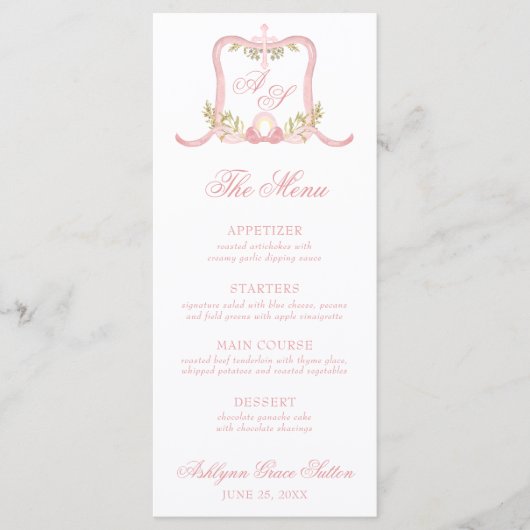Waterverf Roze Kruis Monogram Crest doopsel Menu (Voorkant)