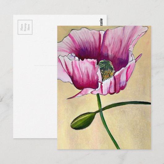Waterverf roze kunstbloem briefkaart (Voorkant / Achterkant)