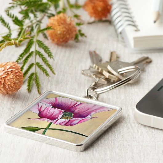 Waterverf roze kunstbloem sleutelhanger (Zijkant)