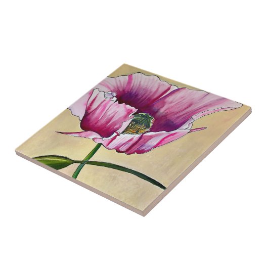 Waterverf roze kunstbloem tegeltje (Zijkant)