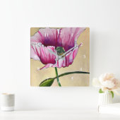 Waterverf roze kunstbloem vierkante klok (Huis)