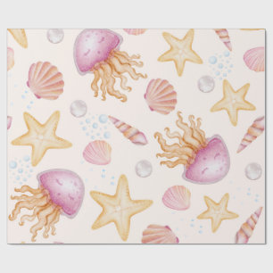 Waterverf Roze Kwallen en Gouden Zeesterren Cadeaupapier