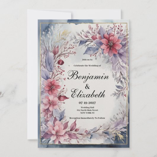 Waterverf roze lavendel blauw goud bloemenbruiloft kaart (Voorkant)