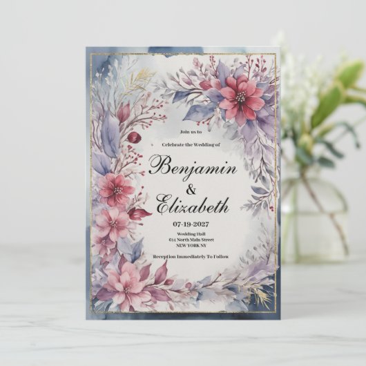 Waterverf roze lavendel blauw goud bloemenbruiloft kaart (Staand voorkant)
