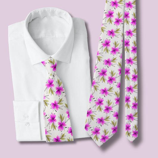Waterverf roze lelie bloemmotief stropdas