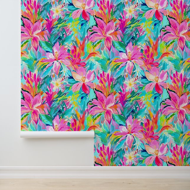 Waterverf roze lelie oase behang (Applicatie)