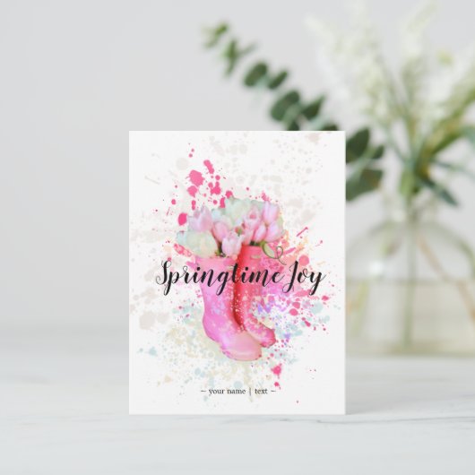 Waterverf roze lentekleursplak & tulpen briefkaart (Staand voorkant)