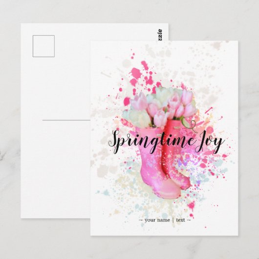 Waterverf roze lentekleursplak & tulpen briefkaart (Voorkant / Achterkant)