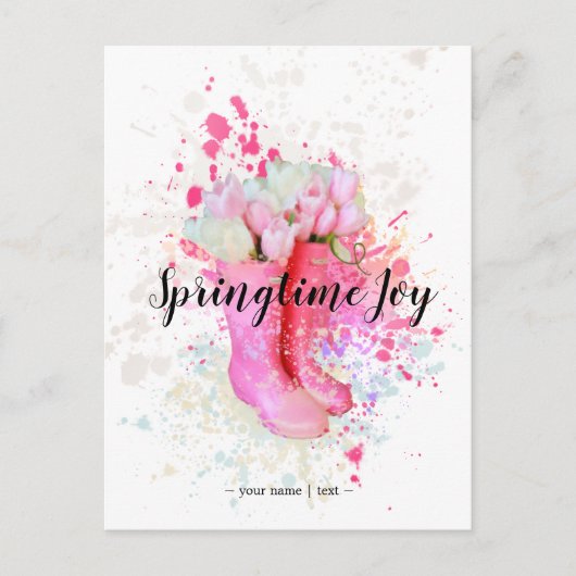 Waterverf roze lentekleursplak & tulpen briefkaart (Voorkant)