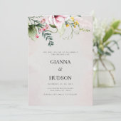 Waterverf roze lila geel groen bloemenbruiloft kaart (Staand voorkant)