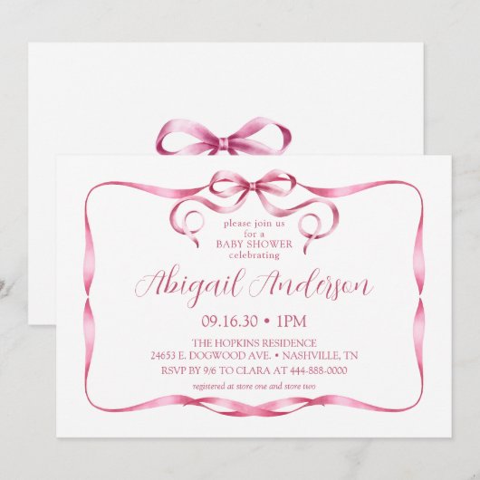 Waterverf roze lint Baby shower Kaart (Voorkant / Achterkant)