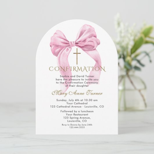 Waterverf Roze Lint Meisje Bevestiging Boog Kaart (Staand voorkant)