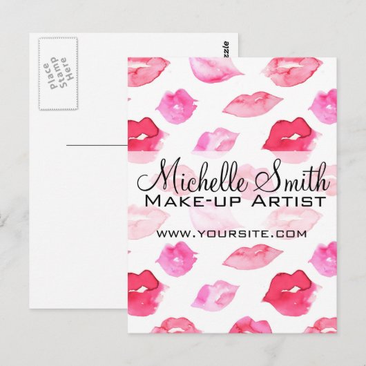 Waterverf roze lippen patroon make-up briefkaart (Voorkant / Achterkant)