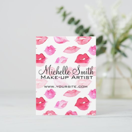 Waterverf roze lippenpatroon make-up branding briefkaart (Staand voorkant)