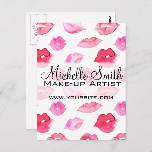 Waterverf roze lippenpatroon make-up branding briefkaart (Voorkant / Achterkant)