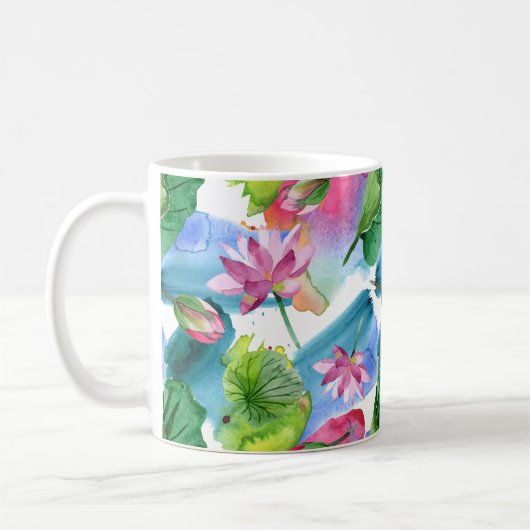 Waterverf Roze Lotus Flowers en Leaves Botanical Koffiemok (Links)