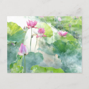 Waterverf roze Lotus Flowers met bladeren Briefkaart