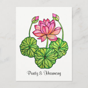 Waterverf Roze Lotus met knoppen en bladeren Briefkaart