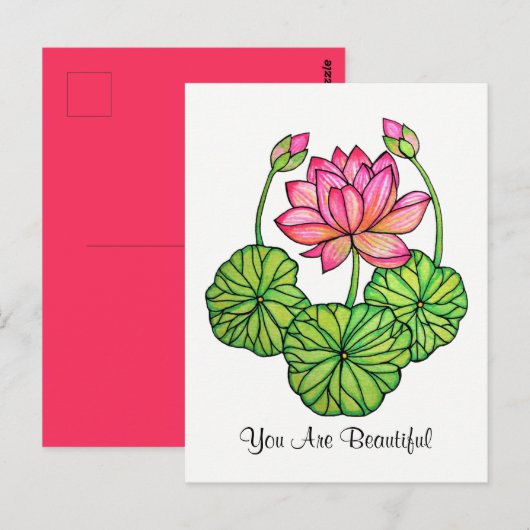 Waterverf Roze Lotus met knoppen en bladeren Briefkaart (Voorkant / Achterkant)