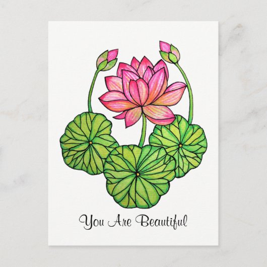 Waterverf Roze Lotus met knoppen en bladeren Briefkaart (Voorkant)
