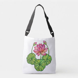 Waterverf Roze Lotus met knoppen en bladeren Crossbody Tas