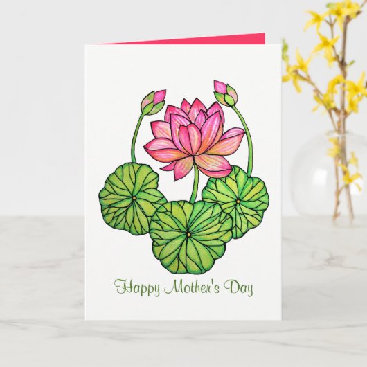 Waterverf Roze Lotus met knoppen en bladeren Kaart (Gele Bloem)