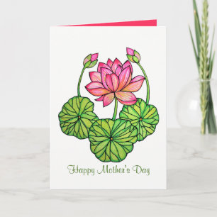 Waterverf Roze Lotus met knoppen en bladeren Kaart