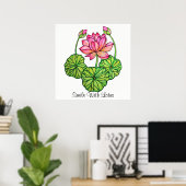 Waterverf Roze Lotus met knoppen en bladeren Poster (Thuiskantoor)