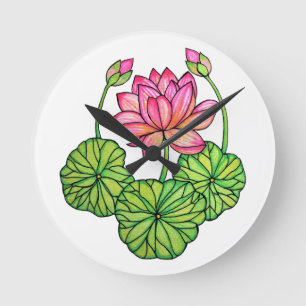 Waterverf Roze Lotus met knoppen en bladeren Ronde Klok
