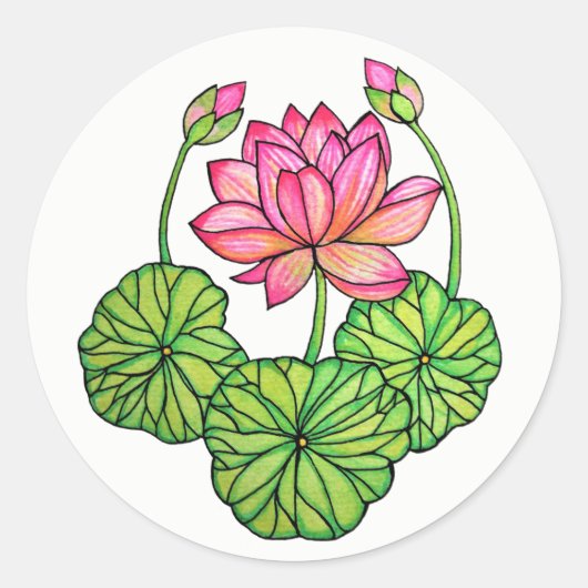 Waterverf Roze Lotus met knoppen en bladeren Ronde Sticker (Voorkant)