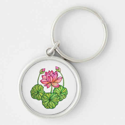 Waterverf Roze Lotus met knoppen en bladeren Sleutelhanger (Voorkant)