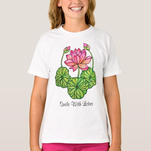 Waterverf Roze Lotus met knoppen en bladeren T-shirt (Voorkant)