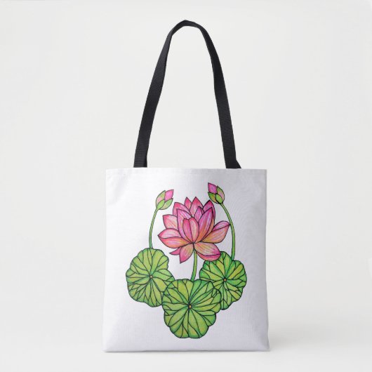 Waterverf Roze Lotus met knoppen en bladeren Tote Bag (Voorkant)