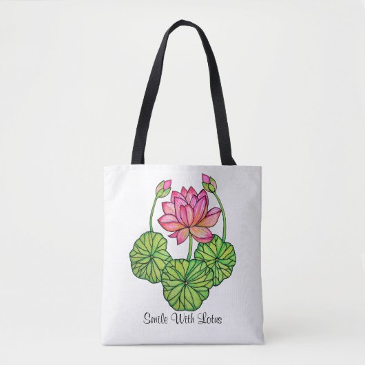 Waterverf Roze Lotus met knoppen en bladeren Tote Bag (Voorkant)