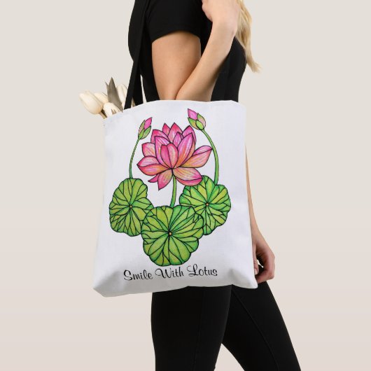 Waterverf Roze Lotus met knoppen en bladeren Tote Bag (Dichtbij)