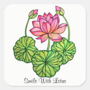 Waterverf Roze Lotus met knoppen en bladeren Vierkante Sticker