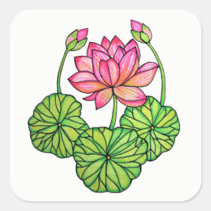 Waterverf Roze Lotus met knoppen en bladeren Vierkante Sticker