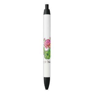 Waterverf Roze Lotus met knoppen en bladeren Zwarte Inkt Pen
