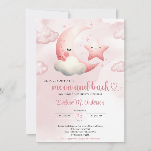 Waterverf roze maan en terug meisje baby shower kaart (Voorkant)