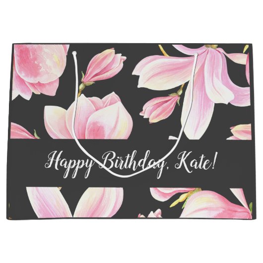Waterverf Roze Magnolia Black Pattern Groot Cadeauzakje (Voorkant)