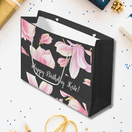 Waterverf Roze Magnolia Black Pattern Groot Cadeauzakje