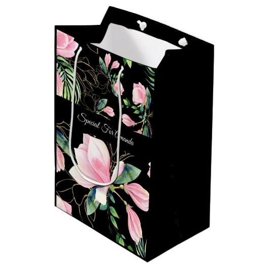 Waterverf Roze Magnolia Black Pattern Medium Cadeauzakje (Voorkant Gekanteld)